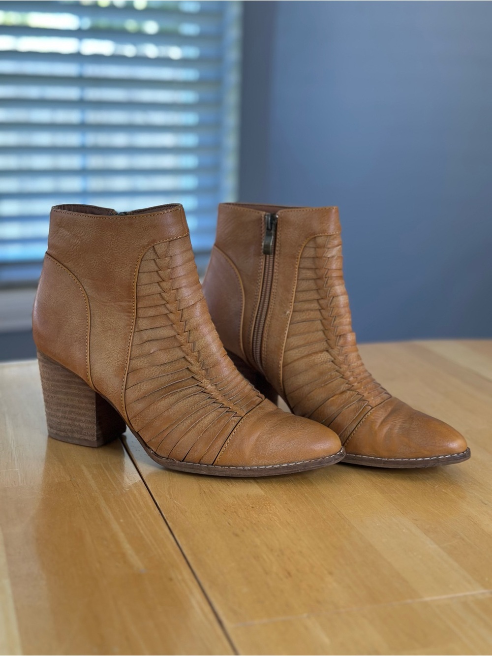 BEAST FASHION Tan Leather Ankle Booties with Stacked Heel